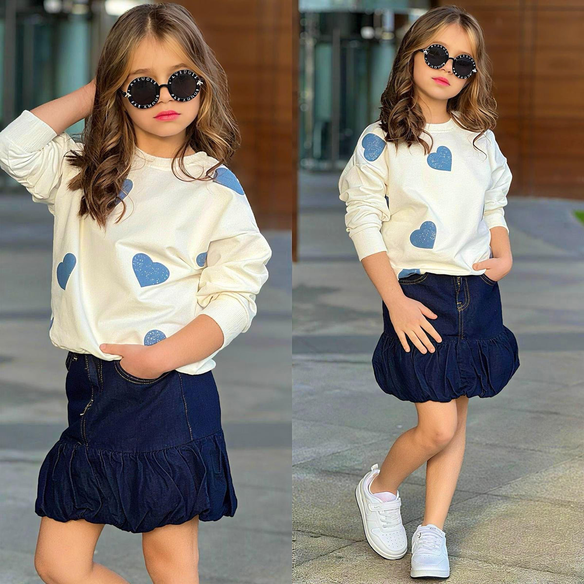 Zweiteiliges Mädchen-Set mit Langarmshirt mit Herzmotiven und blauem Ballonrock