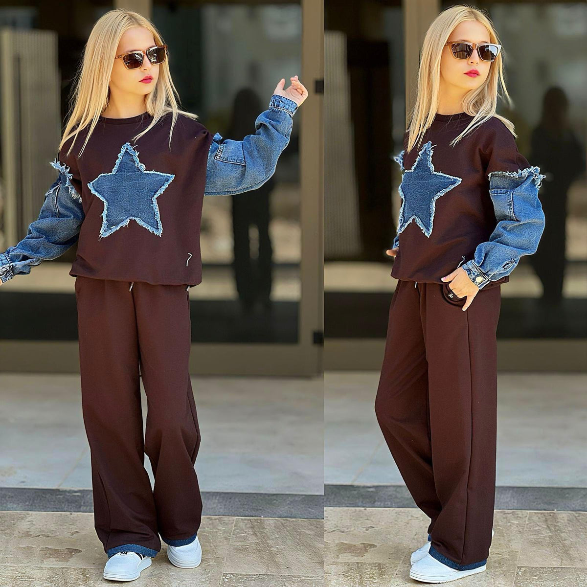 Mädchen trägt 2-teiliges Set in Dunkelbraun mit Denim-Stern-Patch und Jeans-Ärmeln