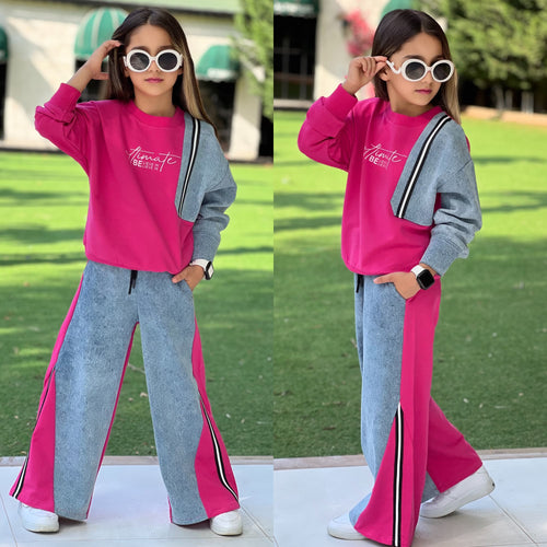 Mädchen Oversize-Set in Schwarz/ Pink– Sweatshirt und weite Hose, Frontansicht