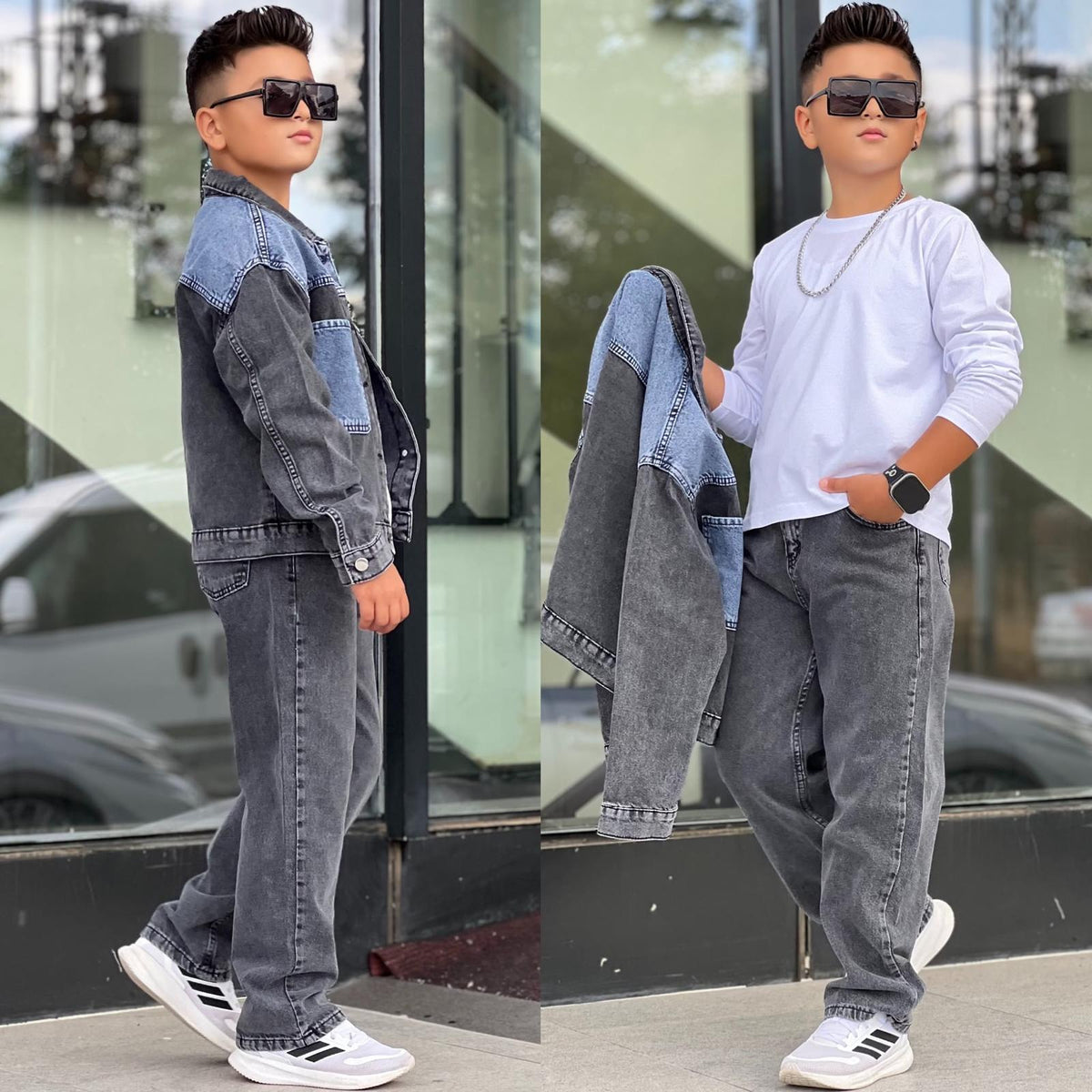 3-teiliges Komplett-Set, Denim- Set, Langarm Shirt