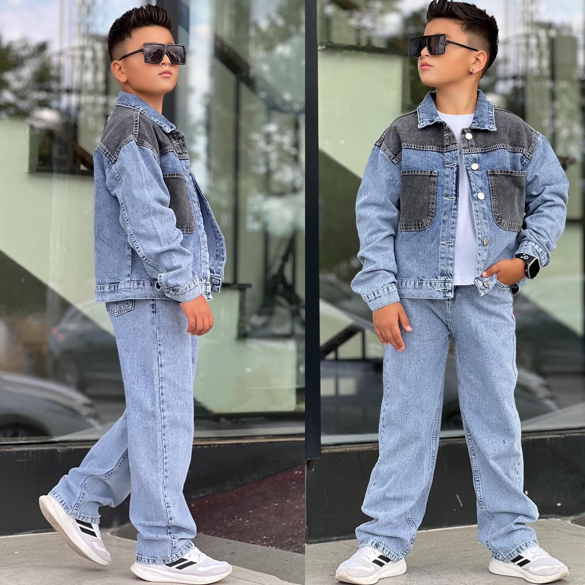 3-teiliges Komplett-Set, Denim- Set in Blau, langarm Shirt