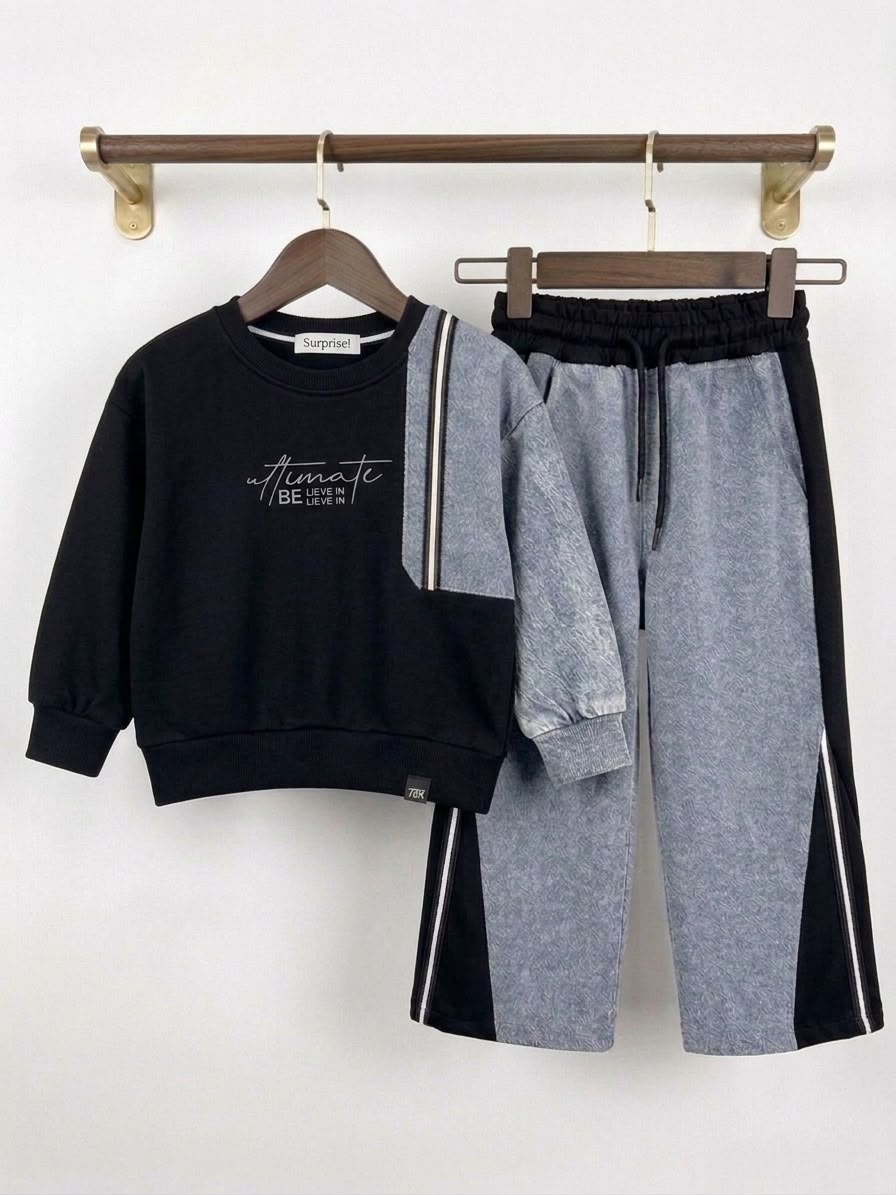 Mädchen-Set im Oversize-Look – Sweatshirt + weite Hose, Schwarz