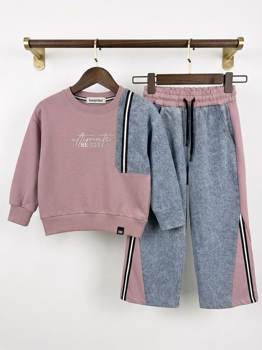 Modisches Mädchen-Set im Oversize-Look – Sweatshirt + weite Hose, Puderrosa