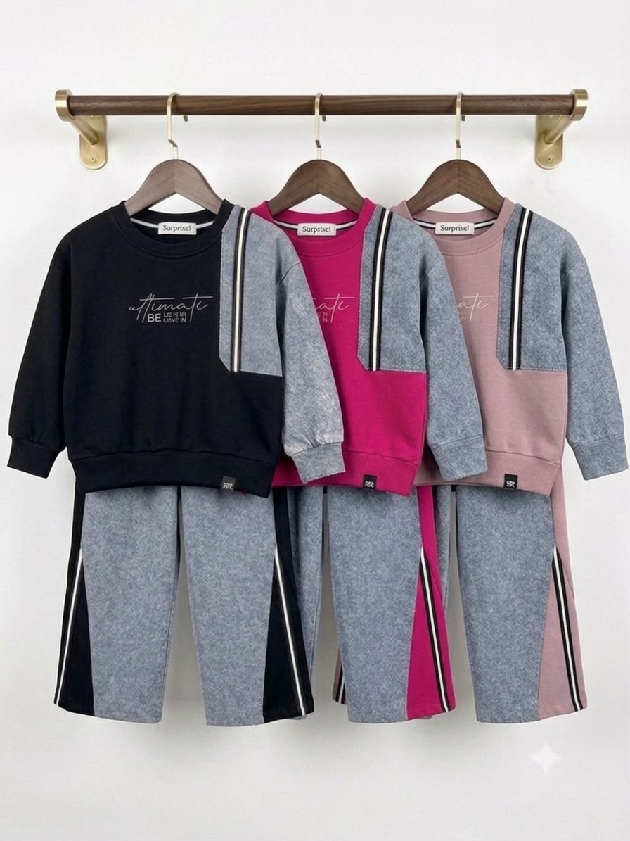  Mädchen-Set im Oversize-Look – Sweatshirt +weite Hose in Schwarz, Fuchsja, Puderrosa