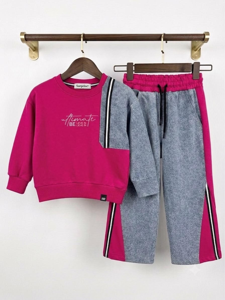  Mädchen-Set im Oversize-Look – Sweatshirt + weite Hose- Fuchsja