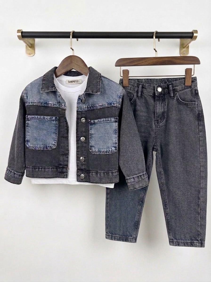 3-teiliges Komplett-Set, Denim- Set in Schwarz, langarm Shirt 