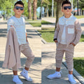 Stylisches 3-teiliges Jungen-Set Beige-Weiß – Hemdjacke, Longsleeve und Jogginghose
