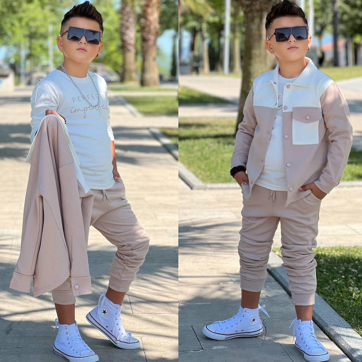 Stylisches 3-teiliges Jungen-Set Beige-Weiß – Hemdjacke, Longsleeve und Jogginghose