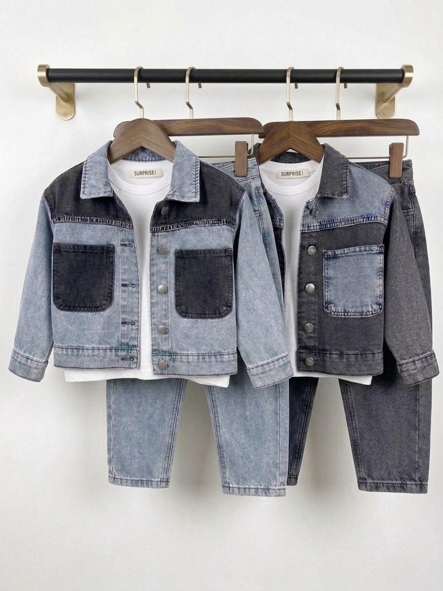 3-teiliges Komplett-Set, Denim- Set, Langarm Shirt, Blau und Schwarz