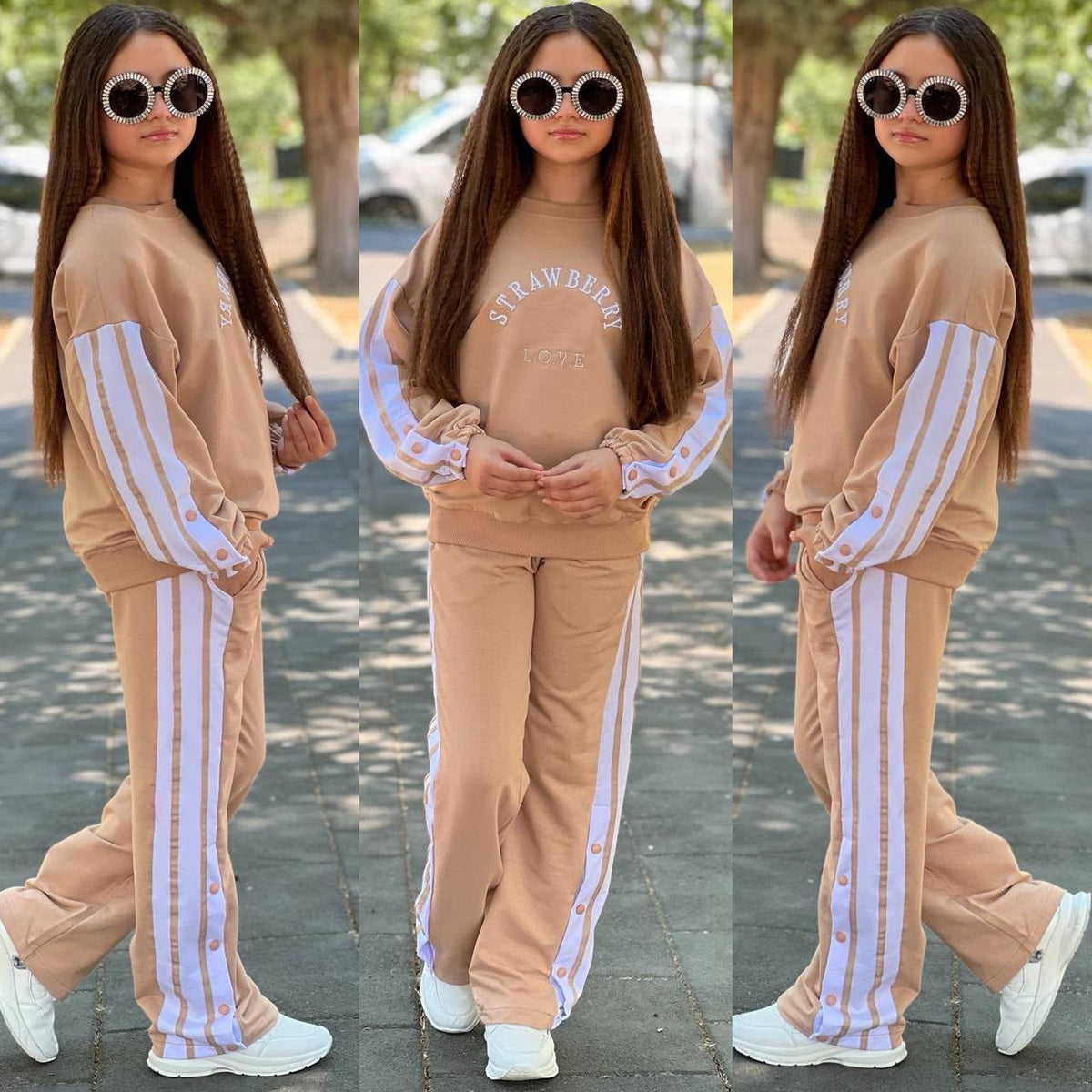 2-teiliges Set: Sweatshirt+ Hose
modische Seitenstreifen mit dekorativen Druckknöpfen in Creme