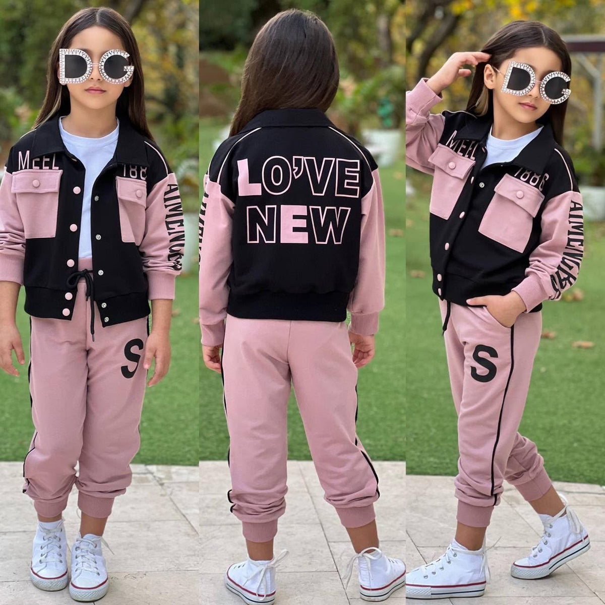 3-teiliges Mädchen-Set Love New – Farbvergleich Rosa und Schwarz