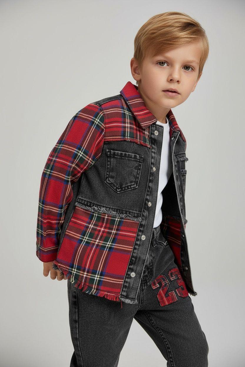Dreiteiliges Jungen-Jeans-Set mit Hemdjacke, Shirt und Jeanshose