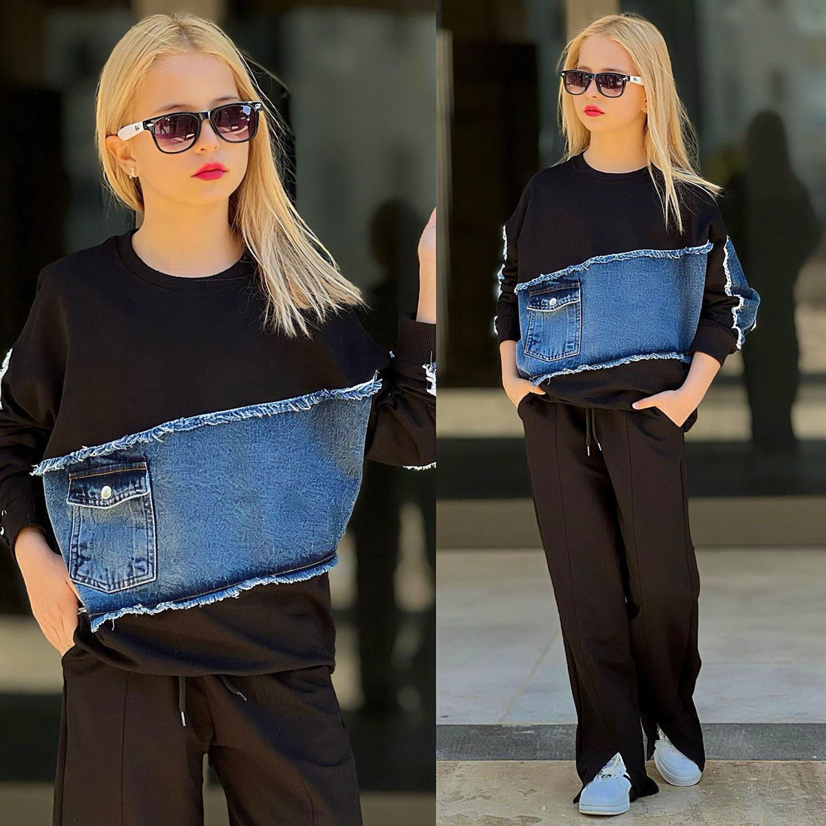 Trendiges 2-teiliges Mädchen-Set mit Denim-Applikation in Schwarz