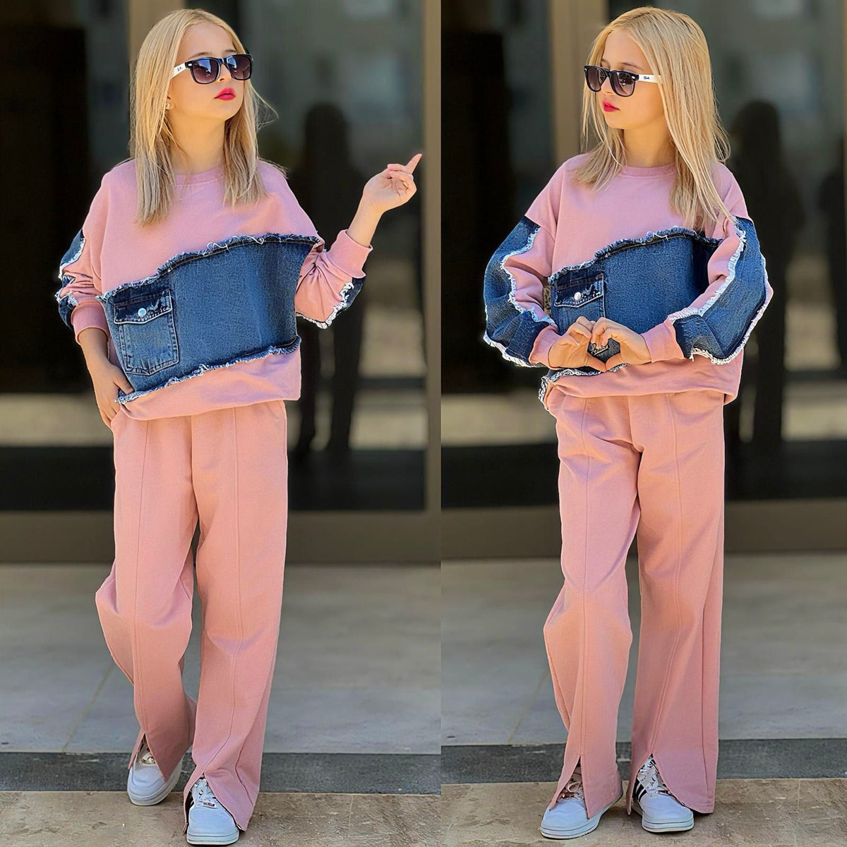 Trendiges 2-teiliges Mädchen-Set mit Denim-Applikation in Puderrosa