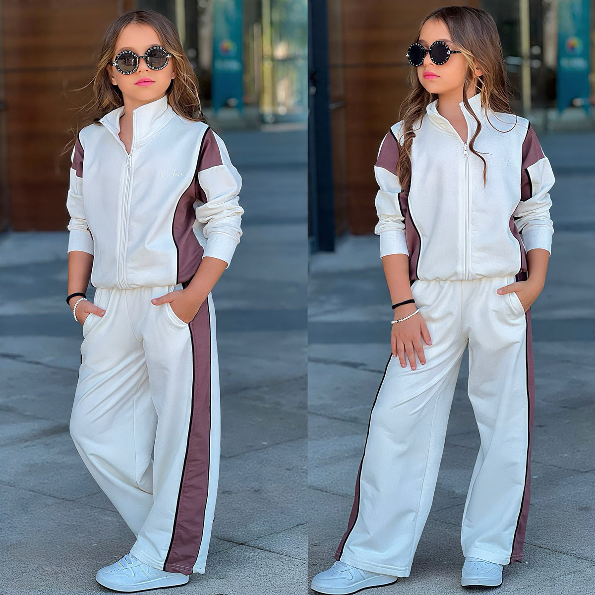 Mädchen Chic Vibes Zweiteiler – cremefarbene Zip-Jacke mit braunen Seitenstreifen und weite Hose