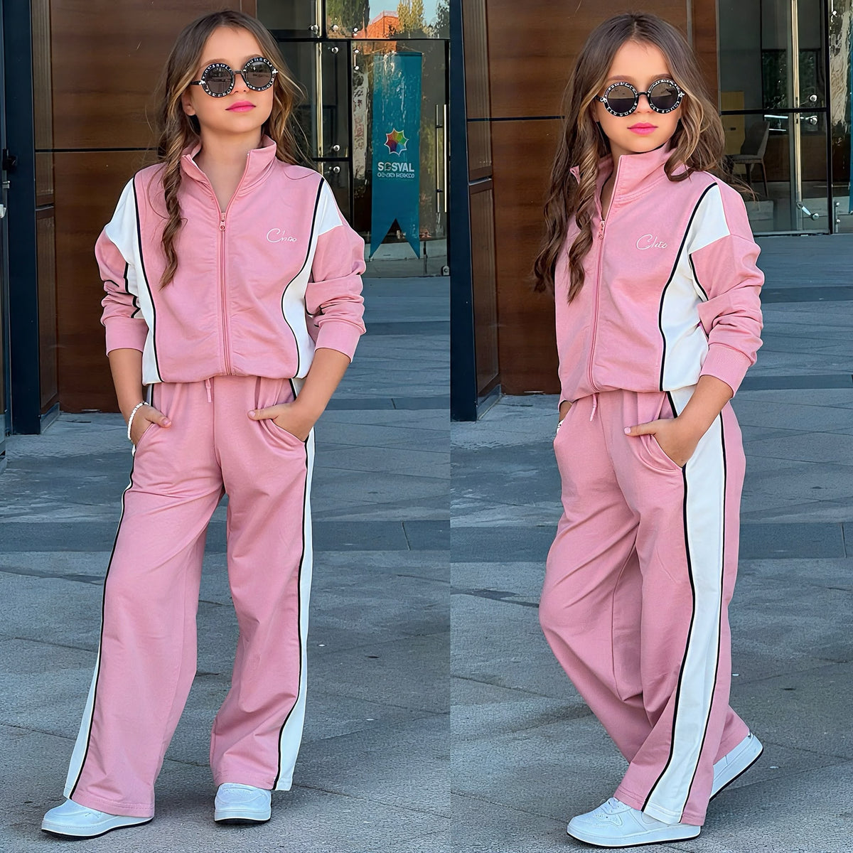 Mädchen Chic Vibes Zweiteiler in Pink – Zip-Jacke mit weißen Seitenstreifen und weite Hose