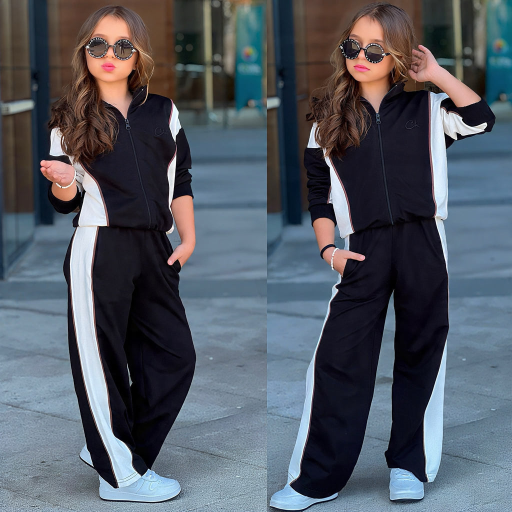 Mädchen Chic Vibes Zweiteiler in Schwarz – Zip-Jacke mit weißen Seitenstreifen und weite Hose