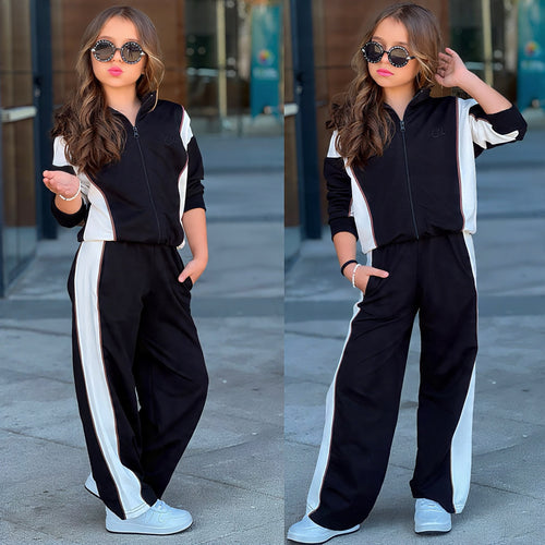 Mädchen Chic Vibes Zweiteiler in Schwarz – Zip-Jacke mit weißen Seitenstreifen und weite Hose