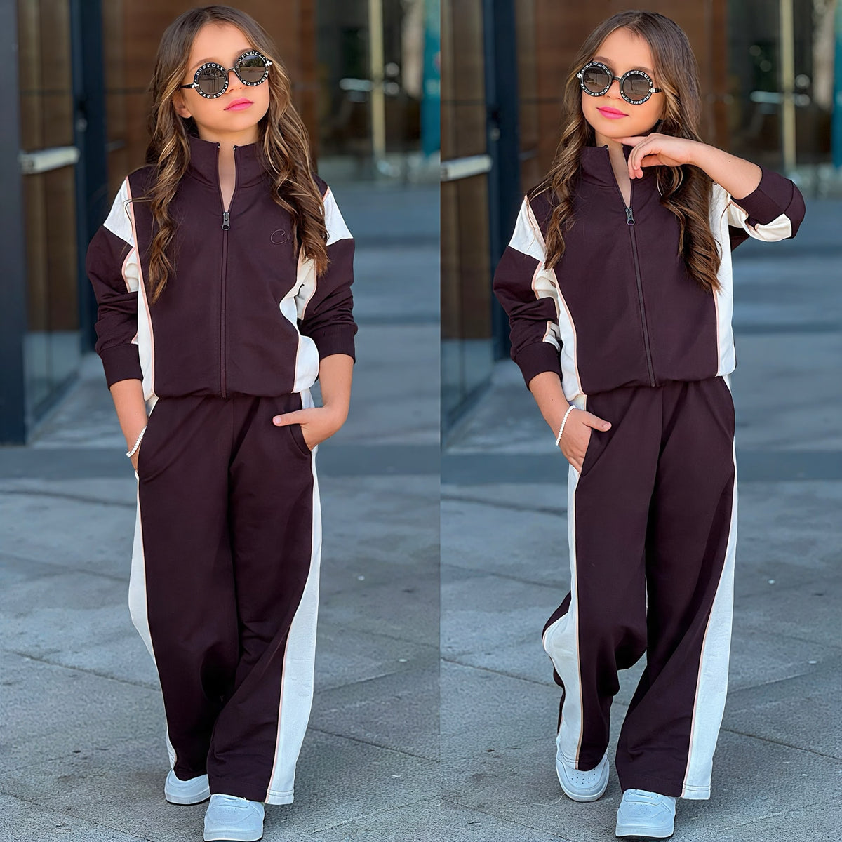 Mädchen Chic Vibes Zweiteiler in Dunkelbraun – Zip-Jacke mit cremefarbenen Seitenstreifen und weite Hose