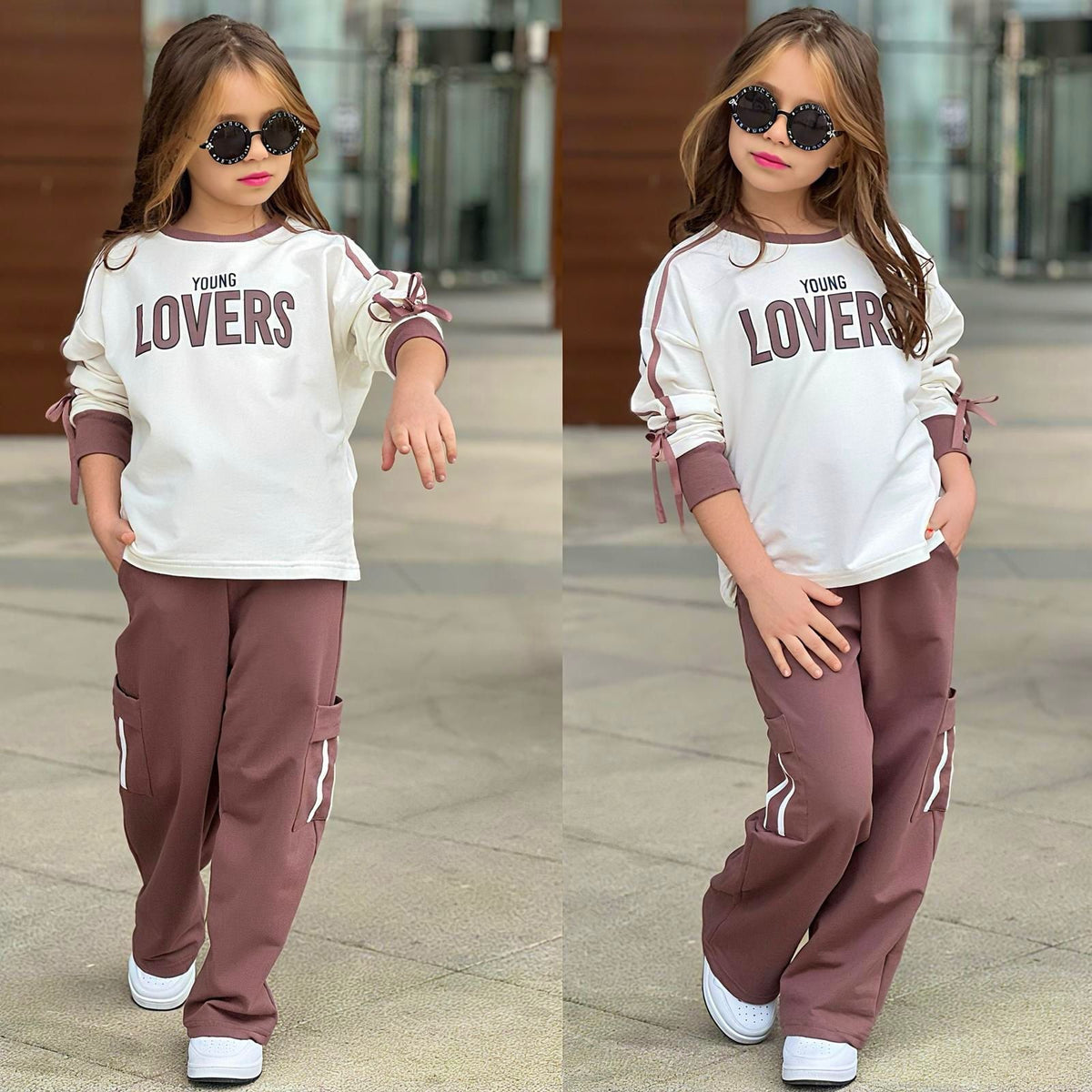 Mädchen-Set „Young Lovers" in Weiß/Braun – Sweatshirt mit Schleifenärmeln und braune Cargo-Hose mit Seitenstreifen