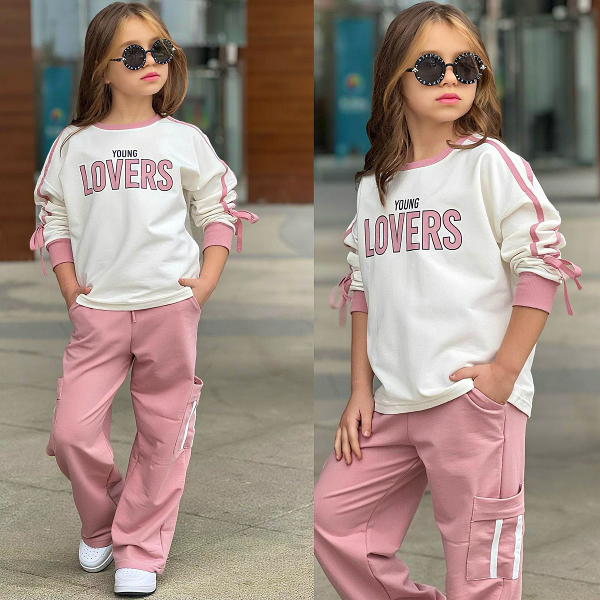 Mädchen-Set „Young Lovers" in Weiß/Pink – Sweatshirt mit rosa Streifen und Schleifenärmeln, rosa Cargo-Hose mit weißem Seitenstreifen