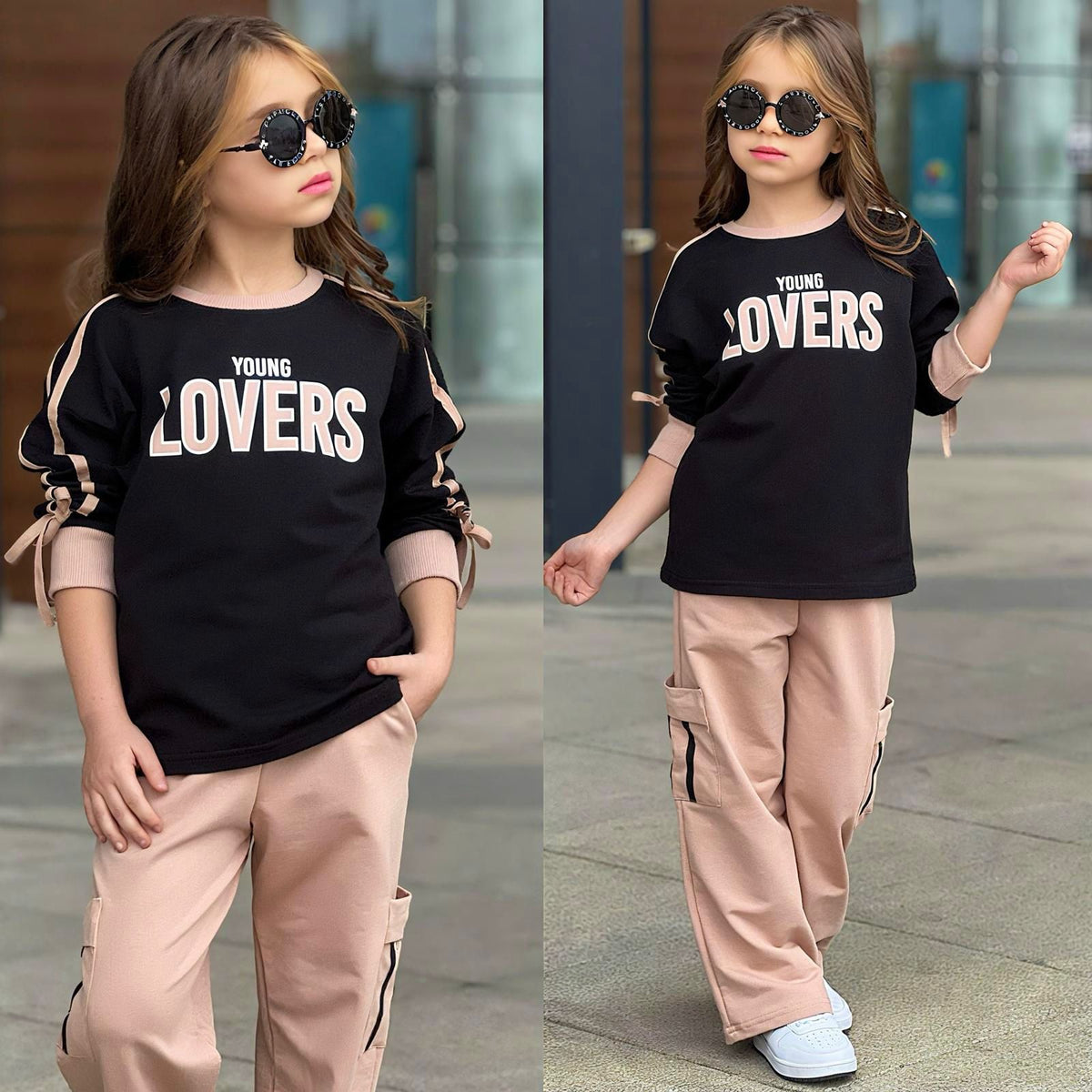 Mädchen-Set „Young Lovers" in Schwarz/Camel – schwarzes Sweatshirt mit Schleifenärmeln und camelbraune Cargo-Hose