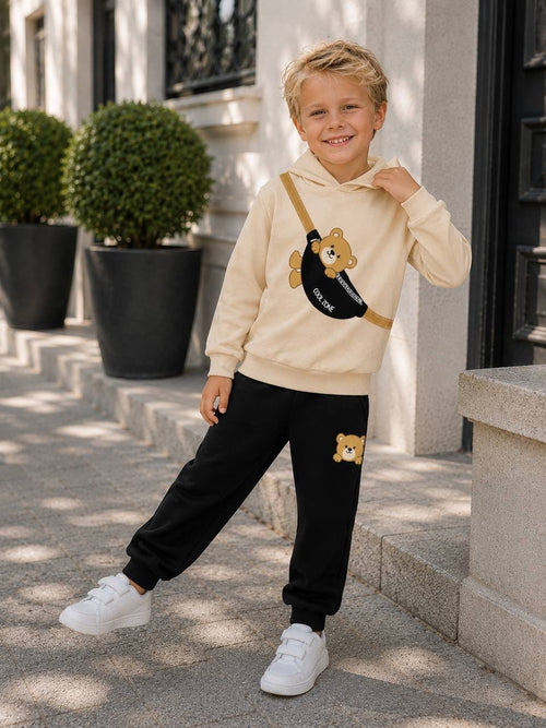 Jungen-Set mit Teddy-Bauchtaschen-Motiv – cremefarbener Hoodie mit Bären-Print und blaue Jogginghose