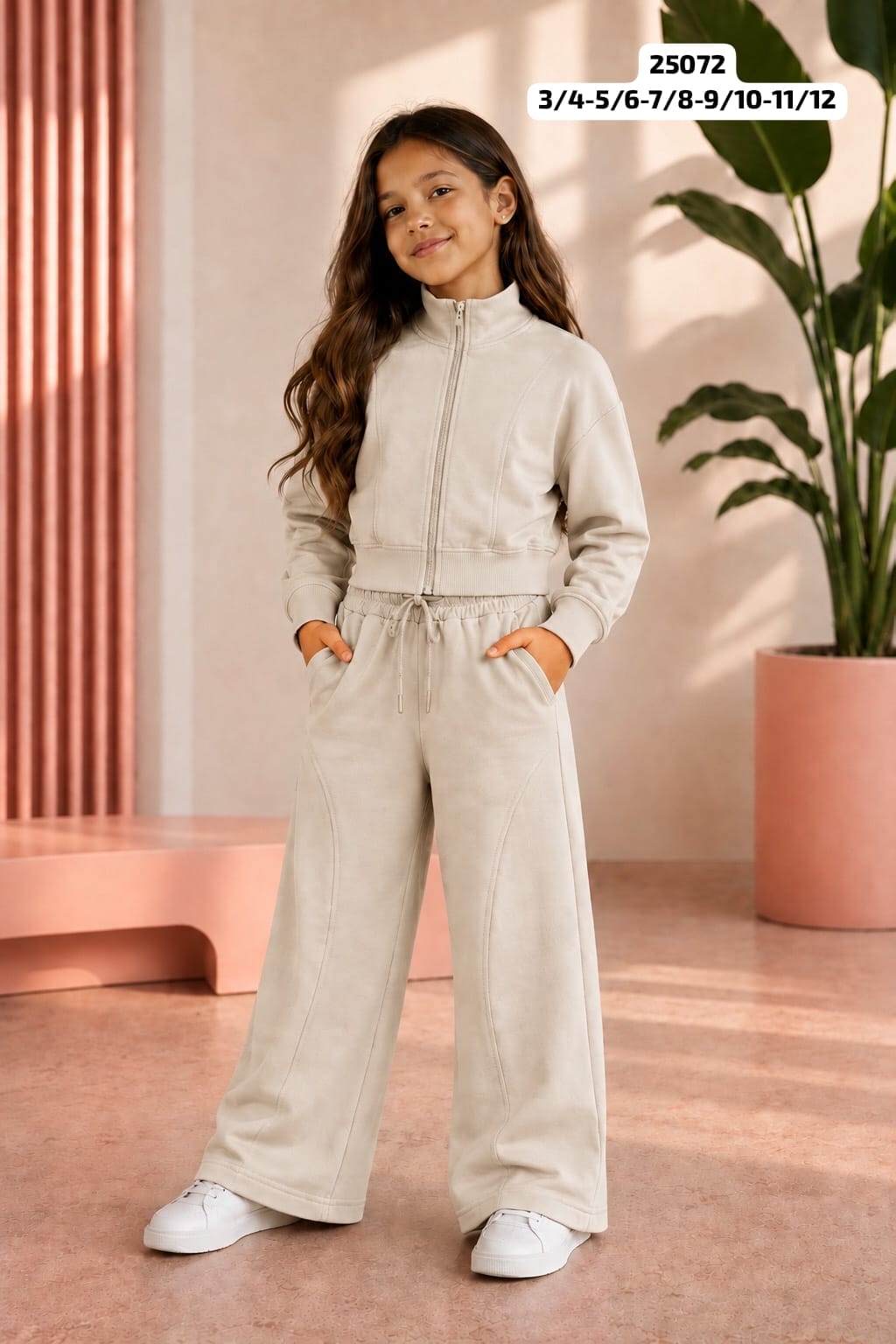 2-teiliges Mädchen-Set Zip-Jacke & weite Hose Beige