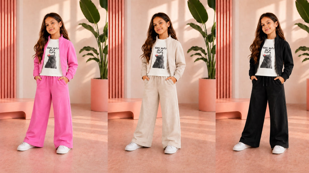 2-teiliges Mädchen-Set Zip-Jacke & weite Hose in Pink, Beige und Schwarz