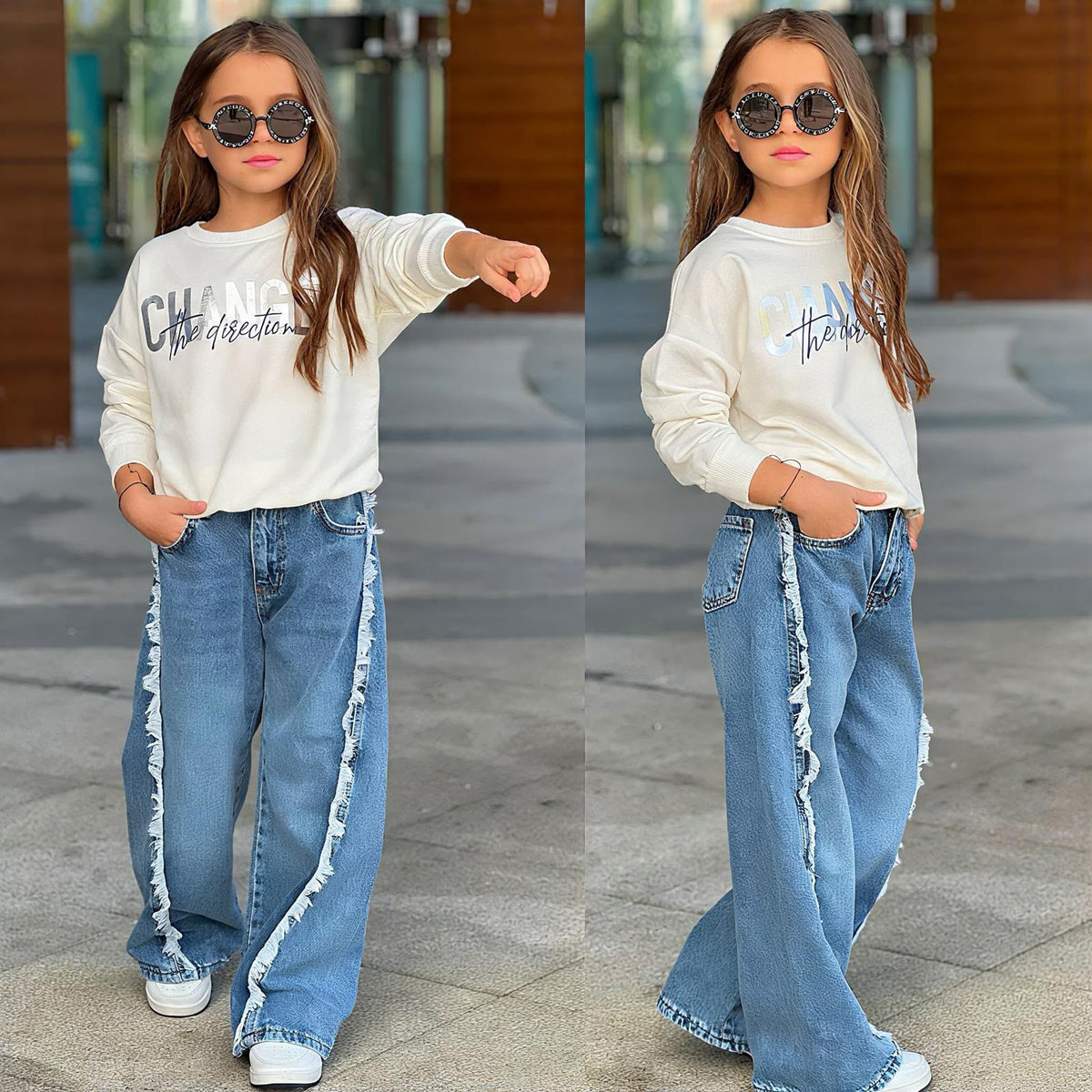 Mädchen-Set „Change the Direction" – cremefarbener Sweater mit Silber-Print und weite Baggy-Jeans Hellblau mit Fransen-Seitenstreifen