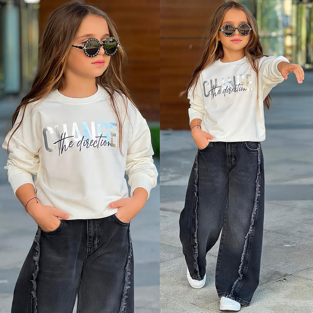 Mädchen-Set „Change the Direction" – cremefarbener Sweater mit Holografie-Print und weite Baggy-Jeans Schwarz mit Fransen-Seitenstreifen