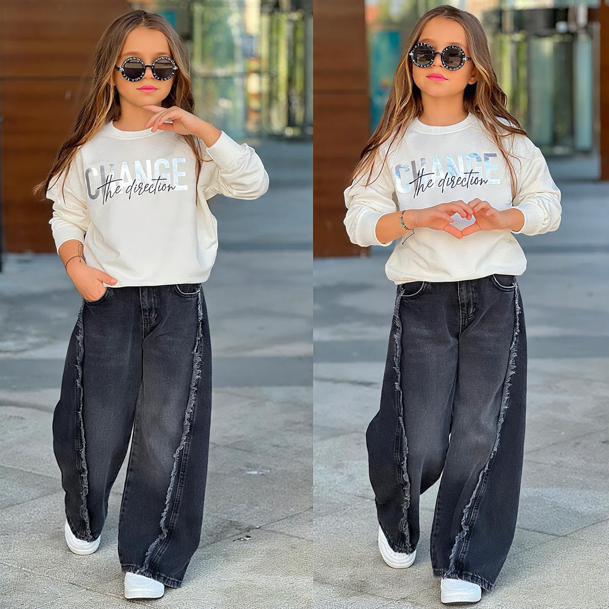 Mädchen-Set „Change the Direction" Schwarz – Sweater mit holografischem Print und schwarze Baggy-Jeans