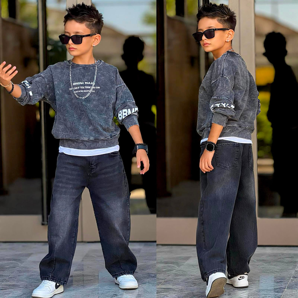 Jungen-Set im Washed-Look – graues Oversized-Sweatshirt „Break Rules" mit schwarzer Washed-Jeans