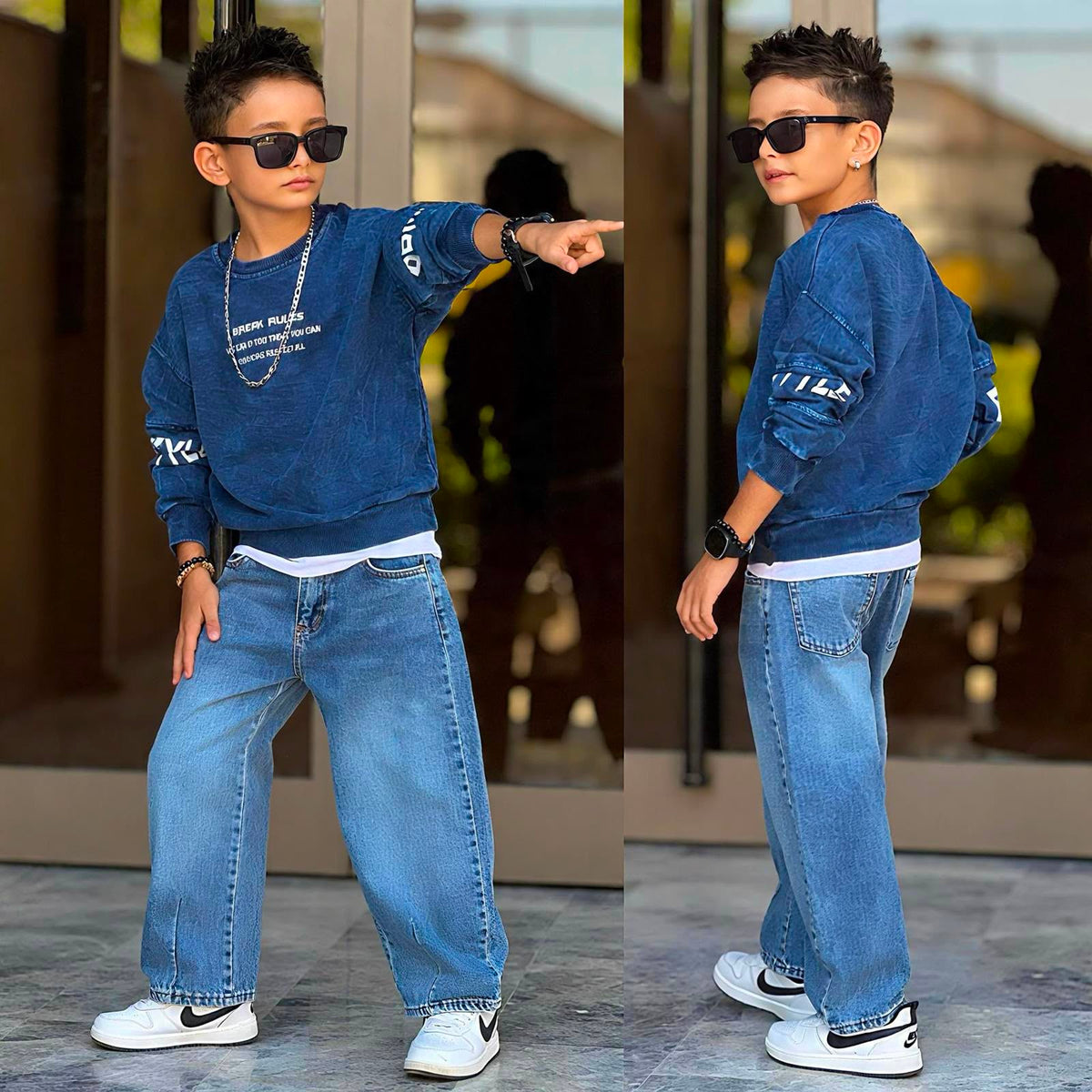 Jungen-Set im Washed-Look – blaues Oversized-Sweatshirt „Break Rules" mit hellblauer Washed-Jeans