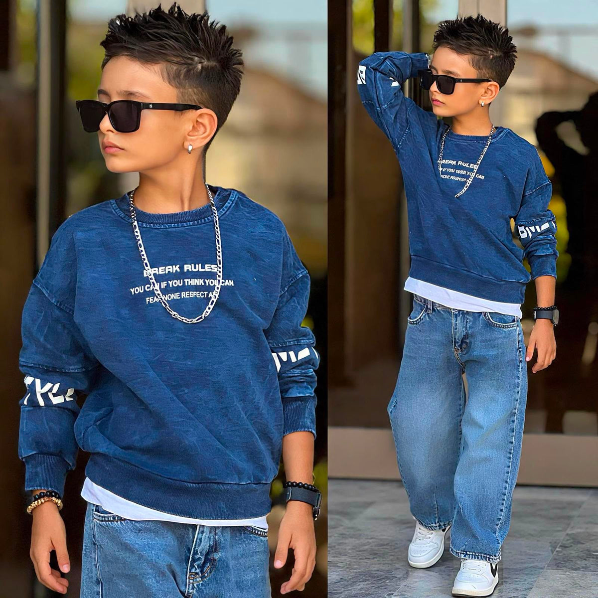 Jungen-Streetwear-Set Washed-Look in Blau – Detailansicht Sweatshirt „Break Rules" und Ganzansicht mit hellblauer Jeans