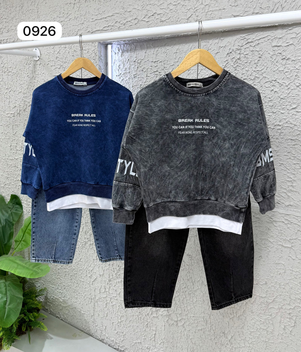 2-teiliges Jungen-Set im Washed-Look – Sweatshirt „Break Rules" mit Jeans in Blau und Grau