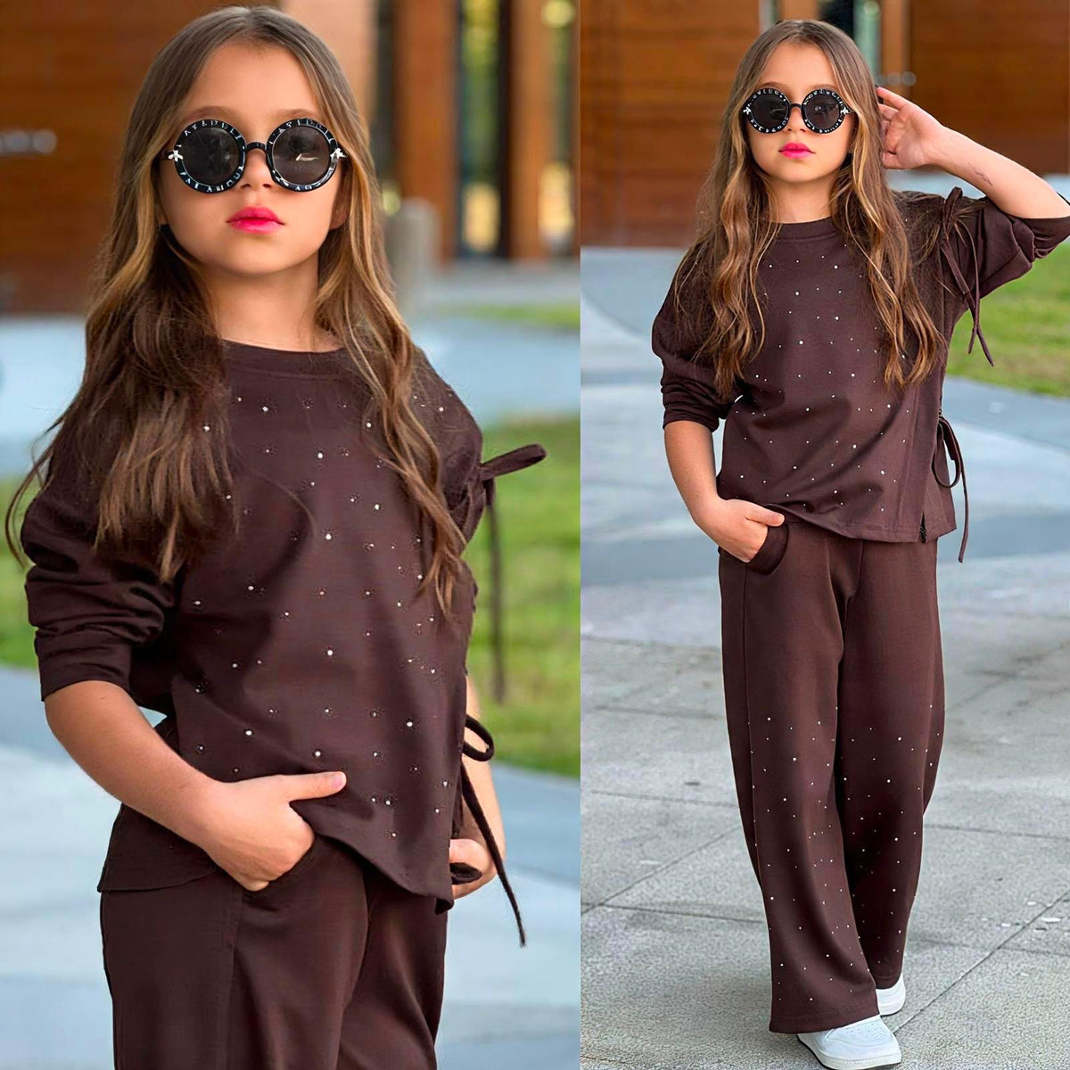 2-teiliges Mädchen-Set mit Glitzersteinen Braun – Langarmshirt & weite Hose | Kleiderli