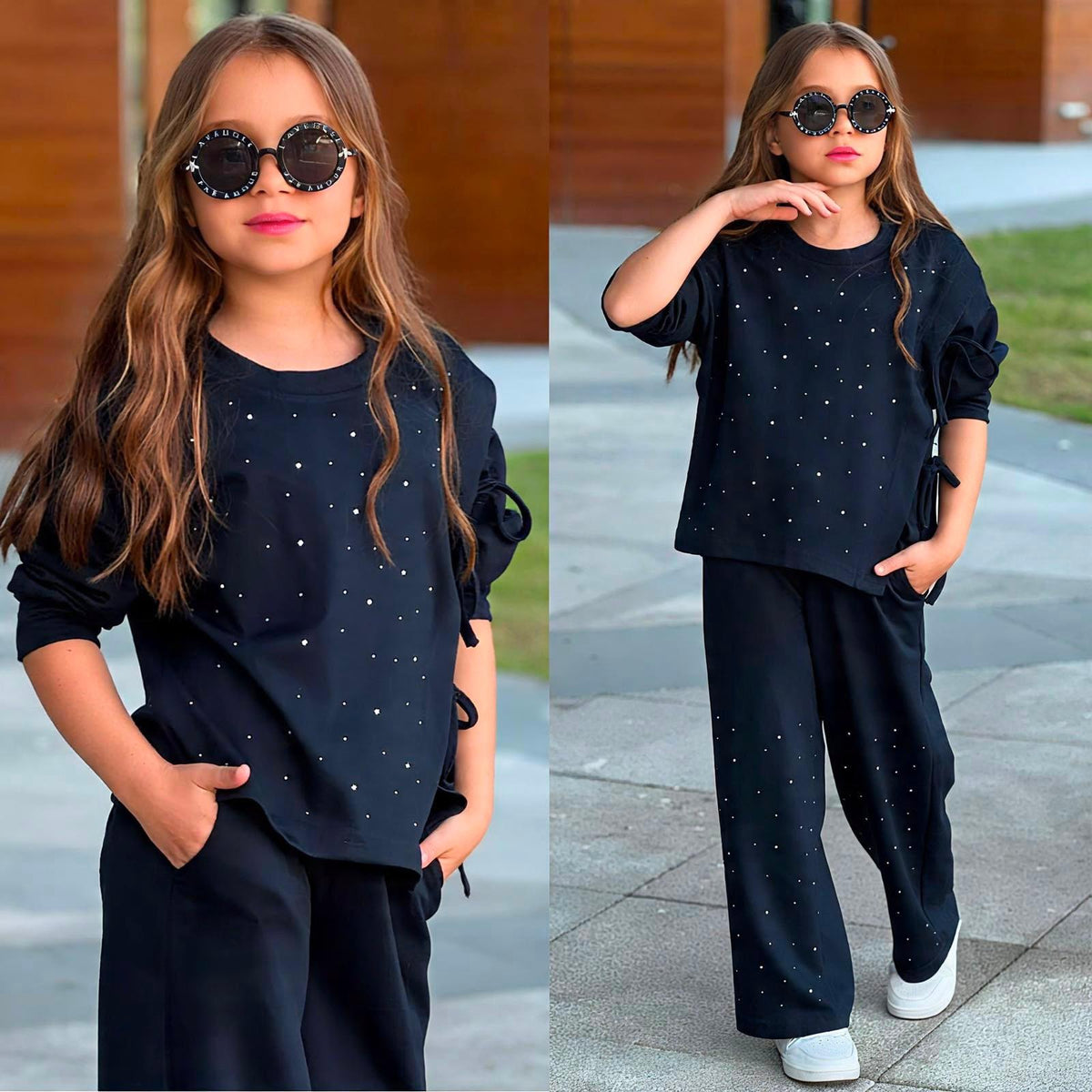 2-teiliges Mädchen-Set mit Glitzersteinen Dunkelblau – Langarmshirt & weite Hose | Kleiderli