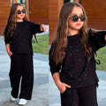 2-teiliges Mädchen-Set mit Glitzersteinen Schwarz – Langarmshirt & weite Hose | Kleiderli