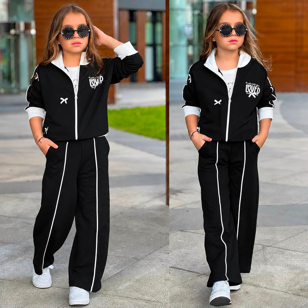 Zweiteiliges Mädchen-Set im Sport-Style in Schwarz mit Zip-Jacke, LOVED-Print und Weithose