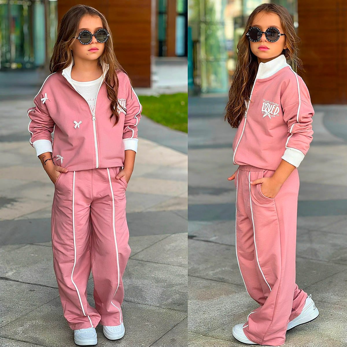 Puderrosa Zip-Jacke des Mädchen-Sets mit LOVED-Print, Schleifendetails und Reißverschluss