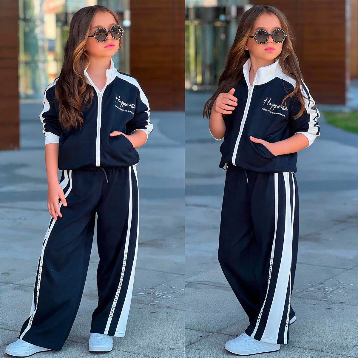 Mädchen-Zweiteiler mit Reißverschlussjacke und weiter Hose in Navy