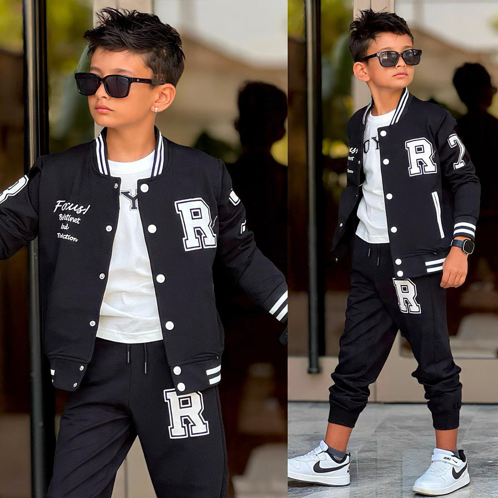 3-teiliges Jungen-Set College-Style Schwarz – Varsity-Jacke, T-Shirt & Jogginghose | Kleiderli