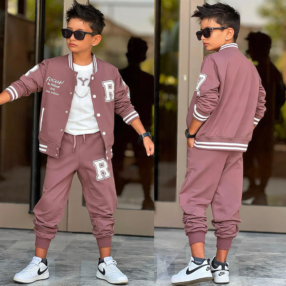 3-teiliges Jungen-Set College-Style Altrosa – Varsity-Jacke, T-Shirt & Jogginghose | Kleiderli