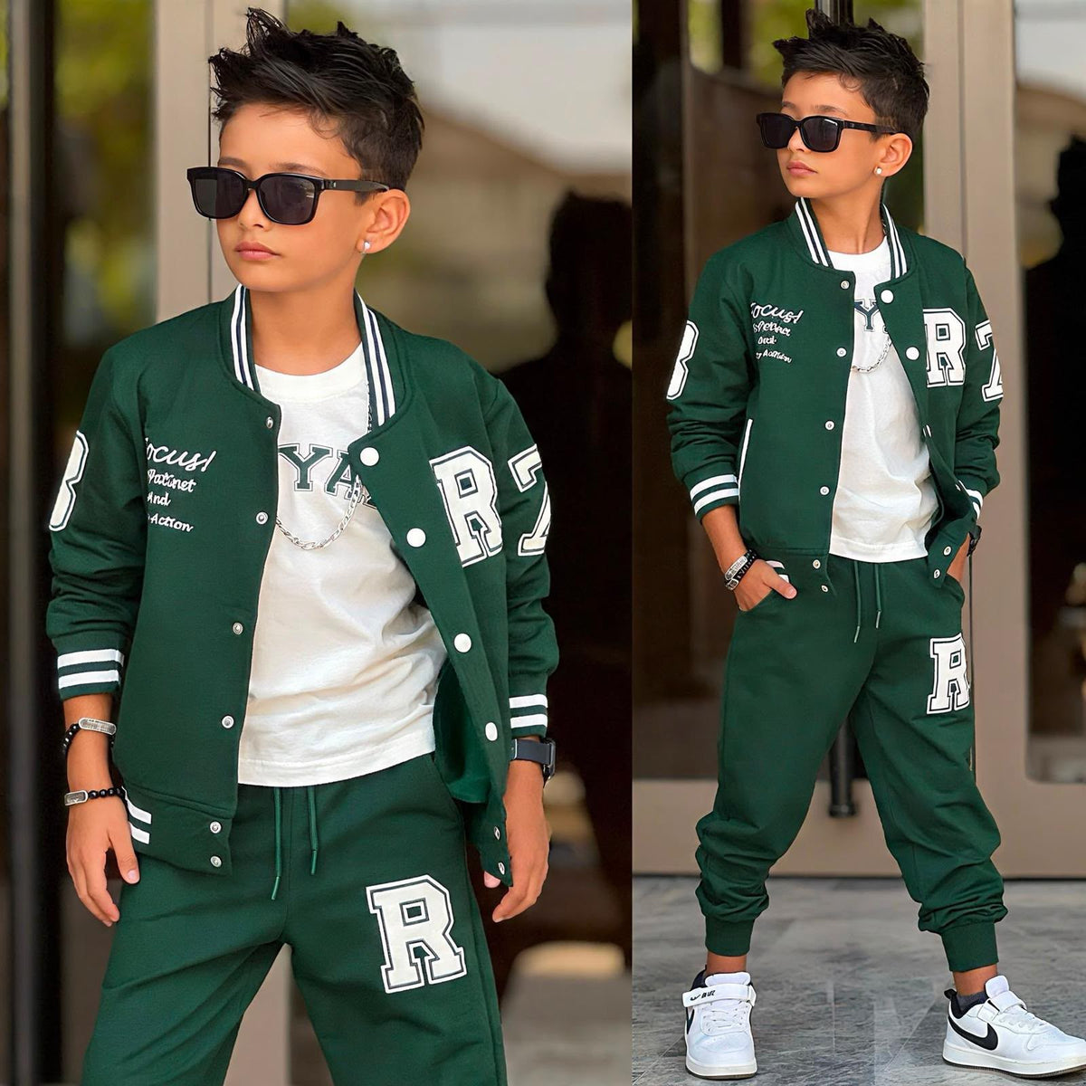 3-teiliges Jungen-Set College-Style Dunkelgrün – Varsity-Jacke, T-Shirt & Jogginghose | Kleiderli