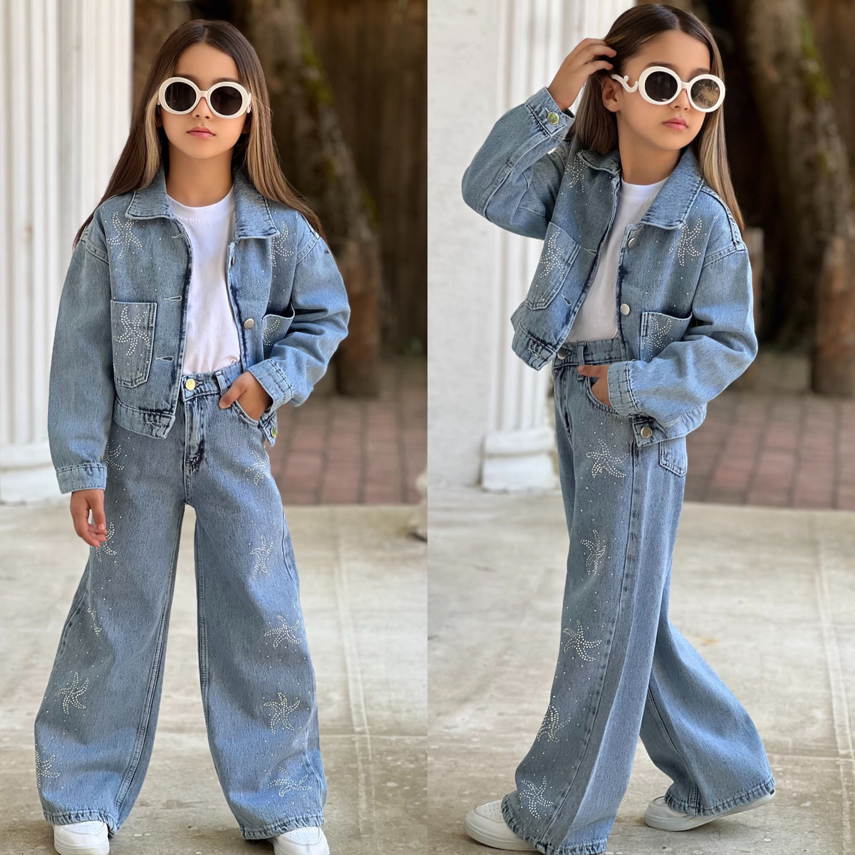 Mädchen im hellblauen 3-teiligen Denim-Set mit Glitzersternchen