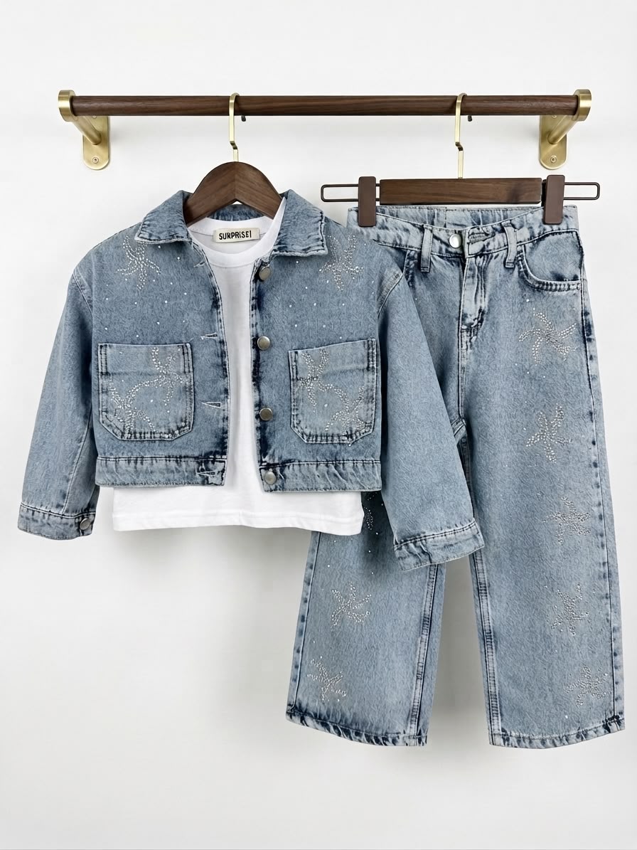 Hellblaues 3-teiliges Mädchen-Denim-Set mit Jeansjacke, T-Shirt und Wide-Leg-Jeans