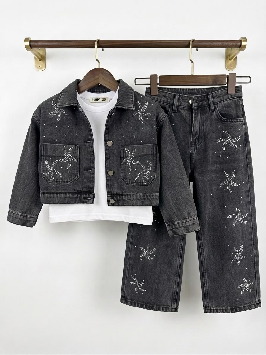 Schwarzes 3-teiliges Mädchen-Denim-Set mit Jeansjacke, T-Shirt und Wide-Leg-Jeans