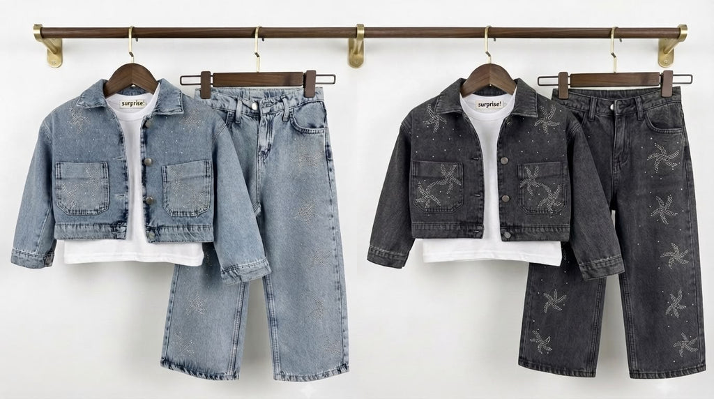 3-teiliges Mädchen-Denim-Set in Blau und Schwarz mit glitzernden Sternchenmotiven