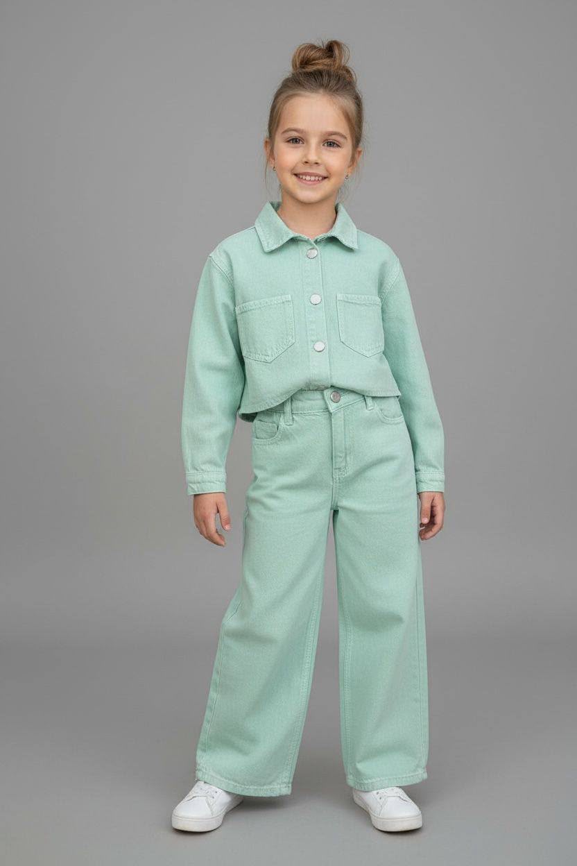 Mädchen trägt Mintgrünfarbendes 2-teiliges Kinder-Set mit Jeansjacke und Wide-Leg-Hose – Frontansicht | Kleiderli